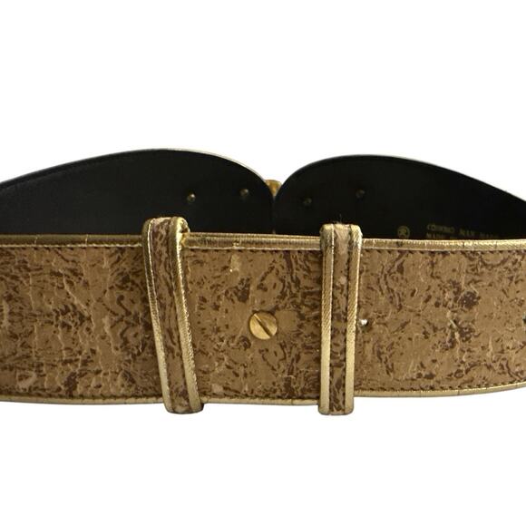 Vtg Belt Julius Resnick 80s Wide Faux Cork Gold Hook Buckle Boho Hippie Statemen main image 7